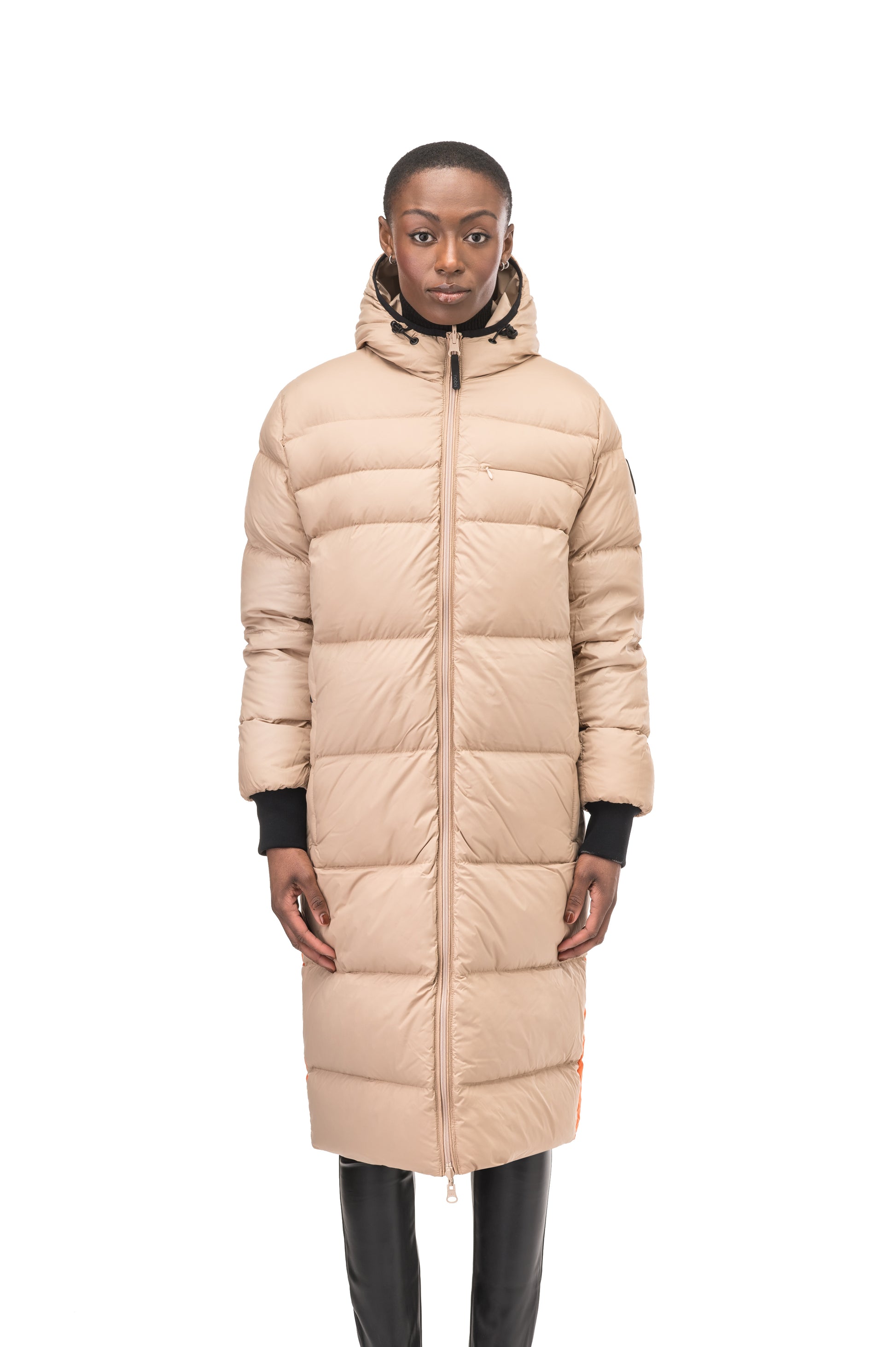 Ladies knee length reversible down-filled parka with non-removable hood in Fawn