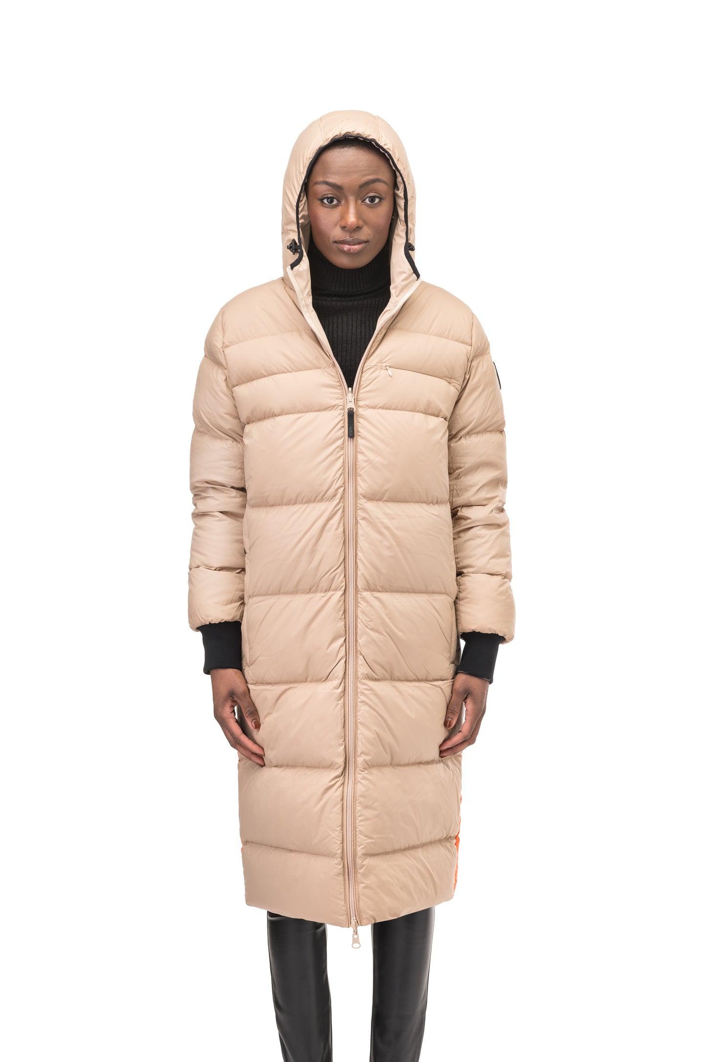 Ladies knee length reversible down-filled parka with non-removable hood in Fawn