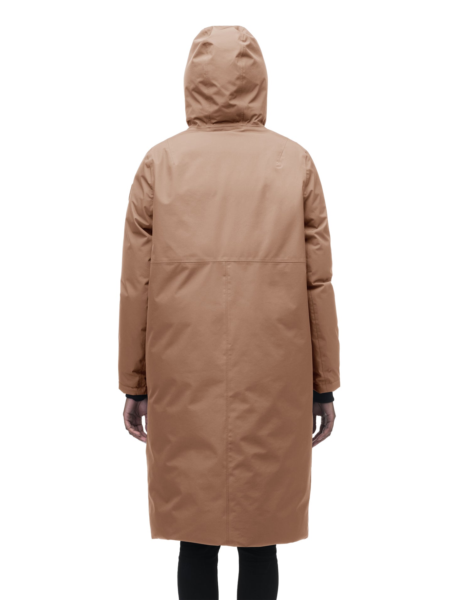 Ladies knee length reversible down-filled parka with non-removable hood in Fawn