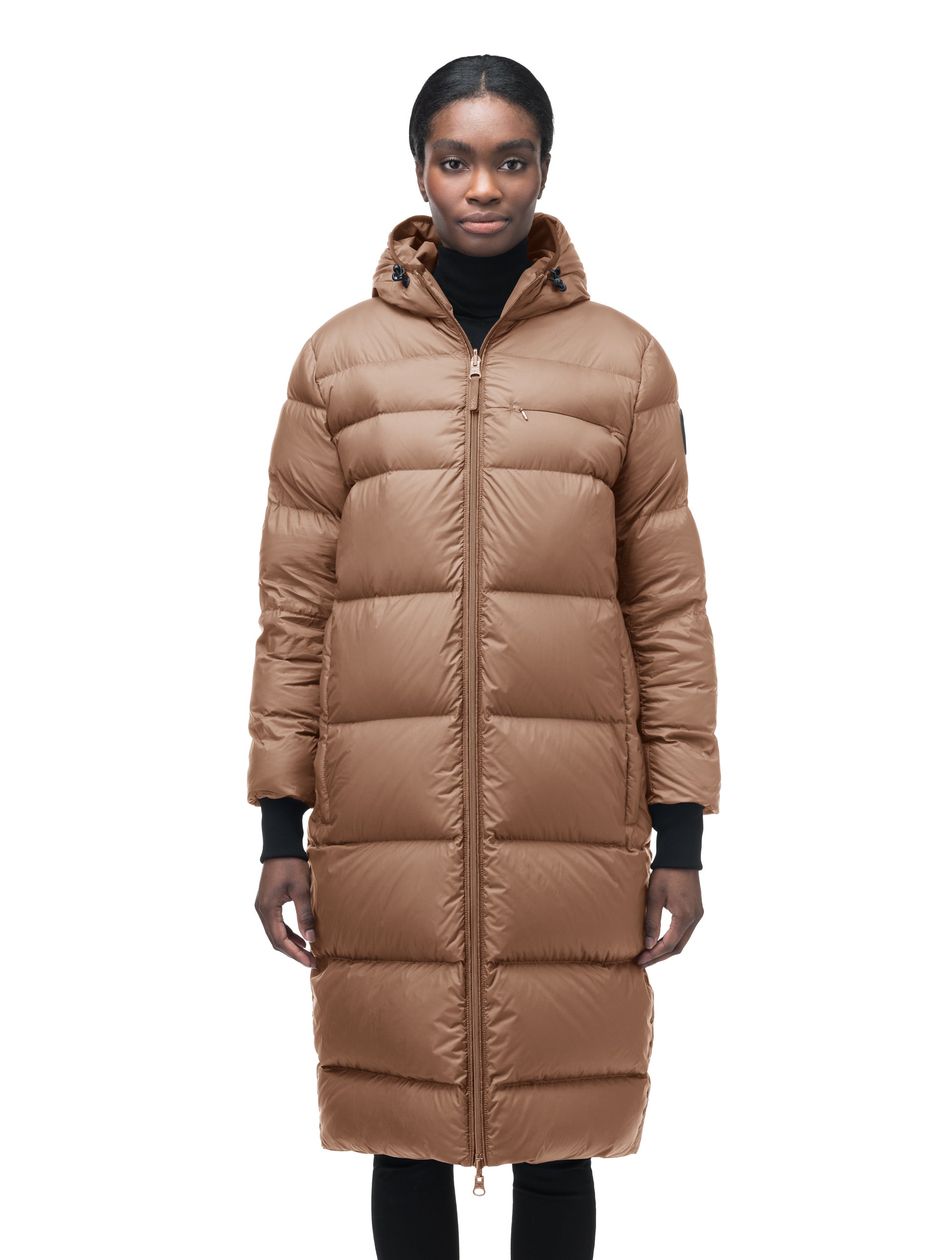 Ladies knee length reversible down-filled parka with non-removable hood in Fawn