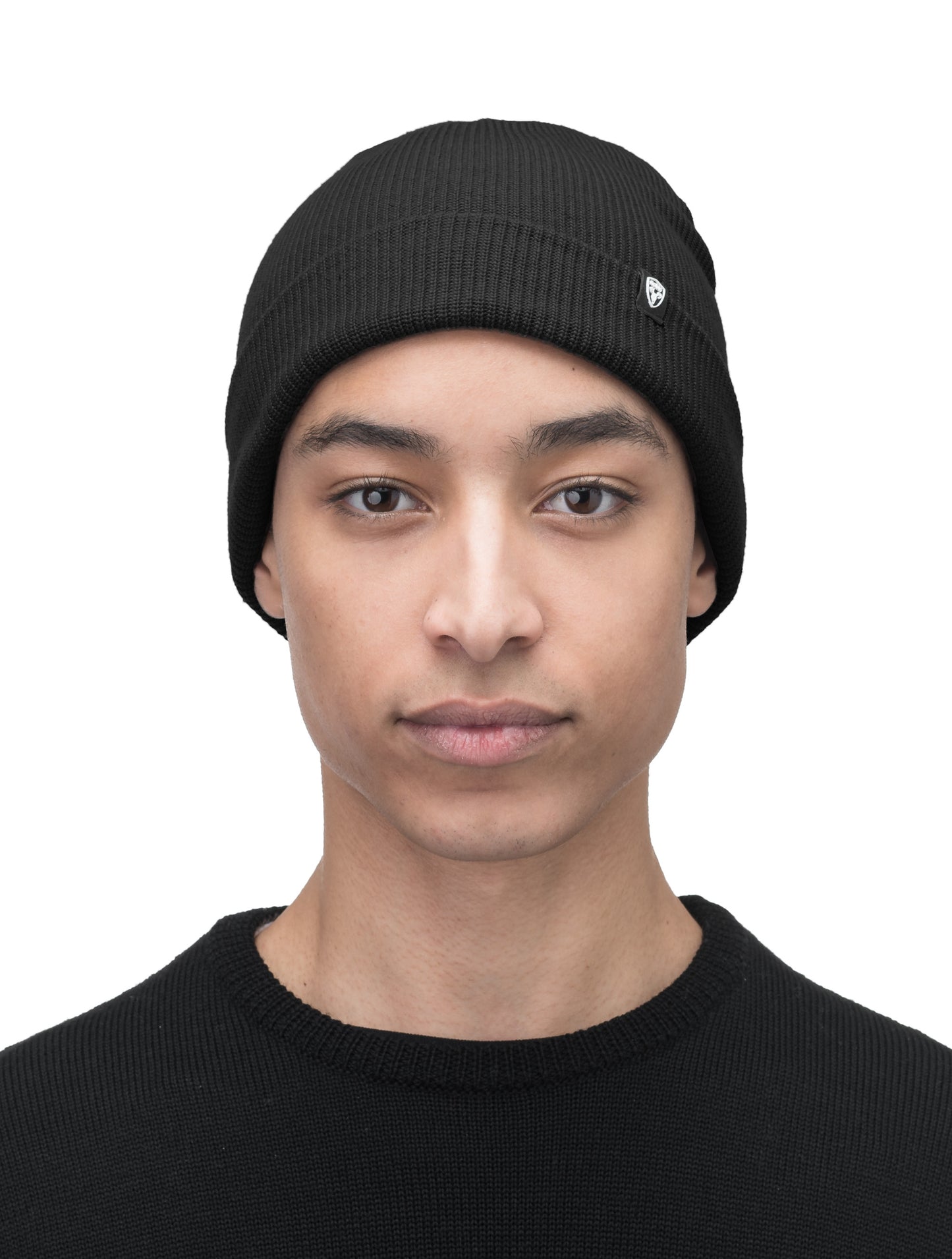 Julian Knit Toque in fine ribbed jersey, with nobis label on cuff, in Black