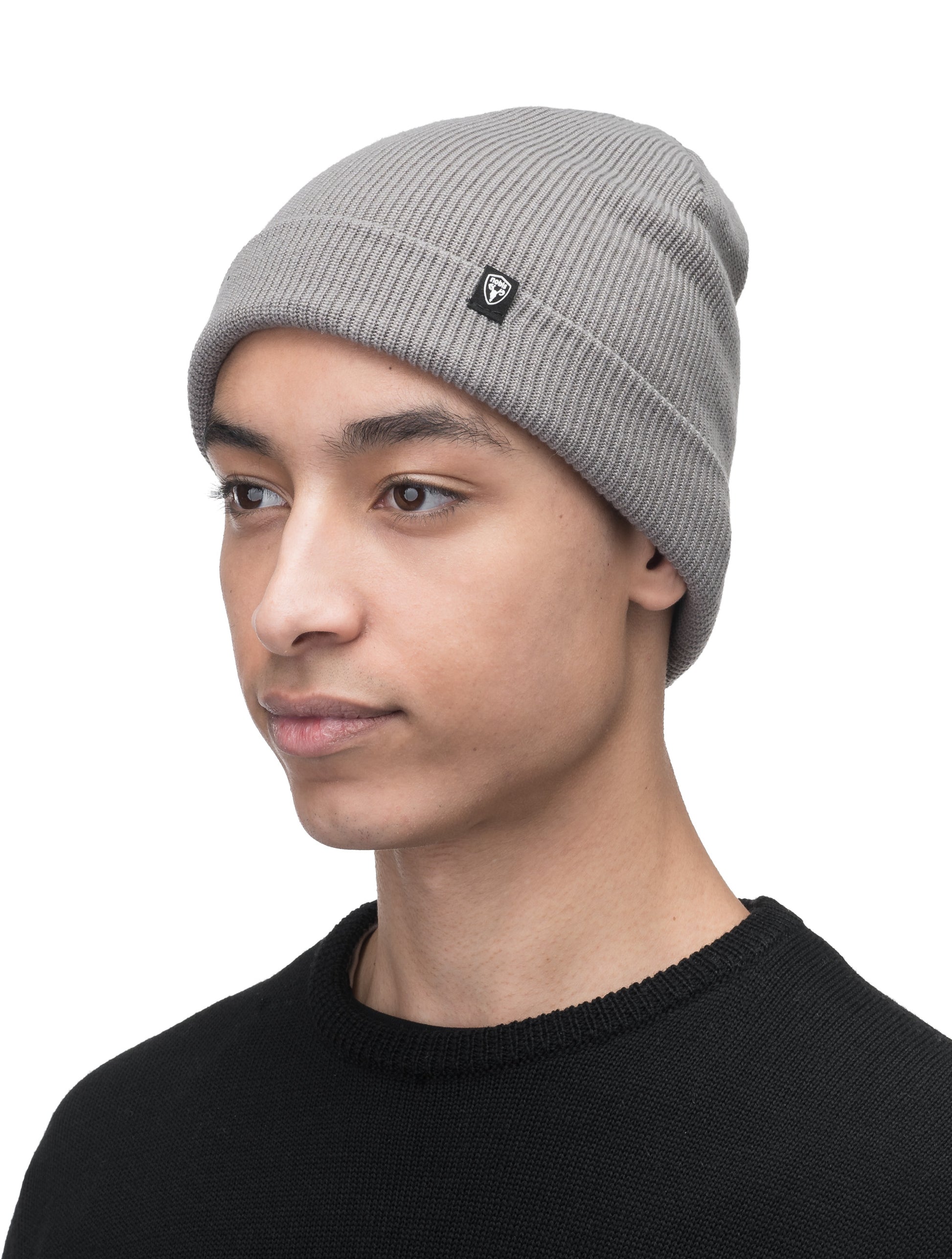 Julian Knit Toque in fine ribbed jersey, with nobis label on cuff, in Grey