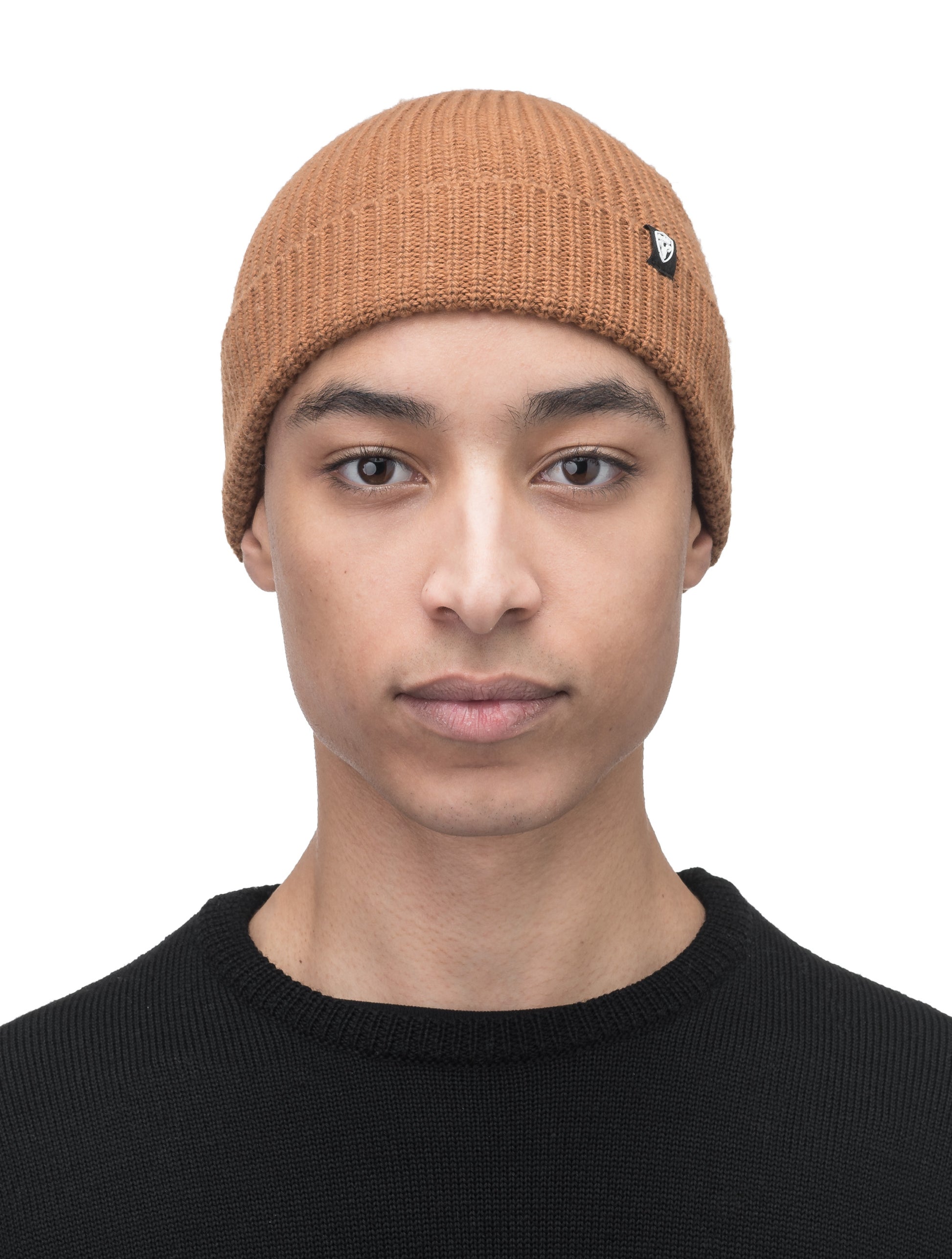 Elain Unisex Knit Toque in ribbed fabric, and Nobis label on cuff, in Cognac