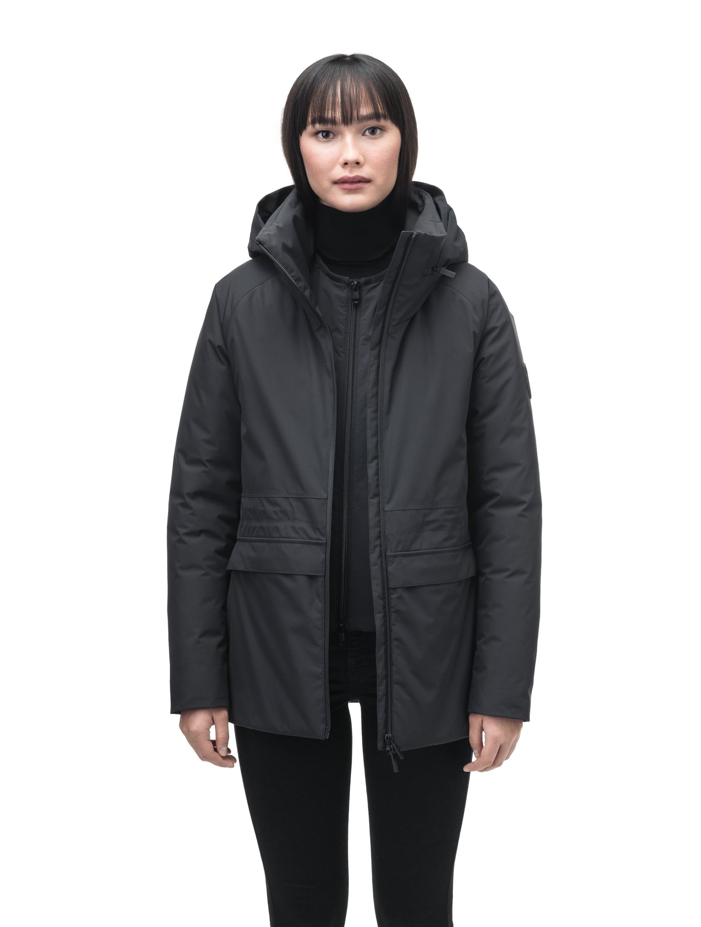 Litho Ladies Short Parka in hip length, Canadian duck down insulation, tuckable waterproof hood, and two-way zipper, in Black