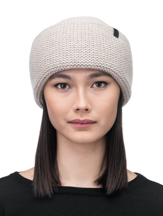 Mira Unisex Purl Knit Beanie in superfine merino wool and cashmere, and Nobis leather label at cuff, in Khaki