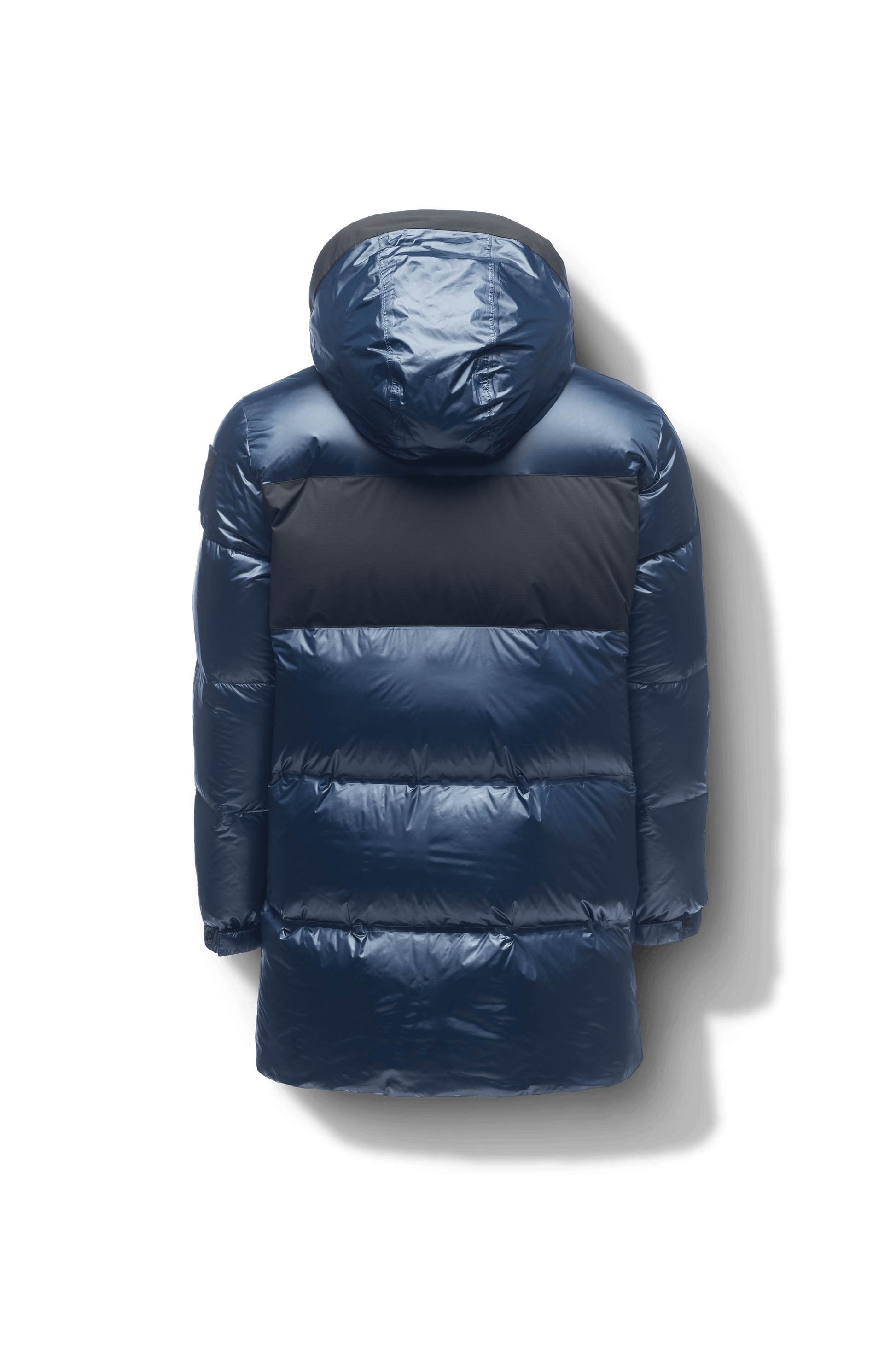 Neelix Men's Long Puffer Jacket in thigh length, premium cire technical nylon taffeta and stretch ripstop fabrication, Premium Canadian origin White Duck Down insulation, non-removable down-filled hood, two-way centre-front zipper, pit zipper vents, hidden chest zipper pockets, fleece-lined magnetic closure waist pockets, in Marine