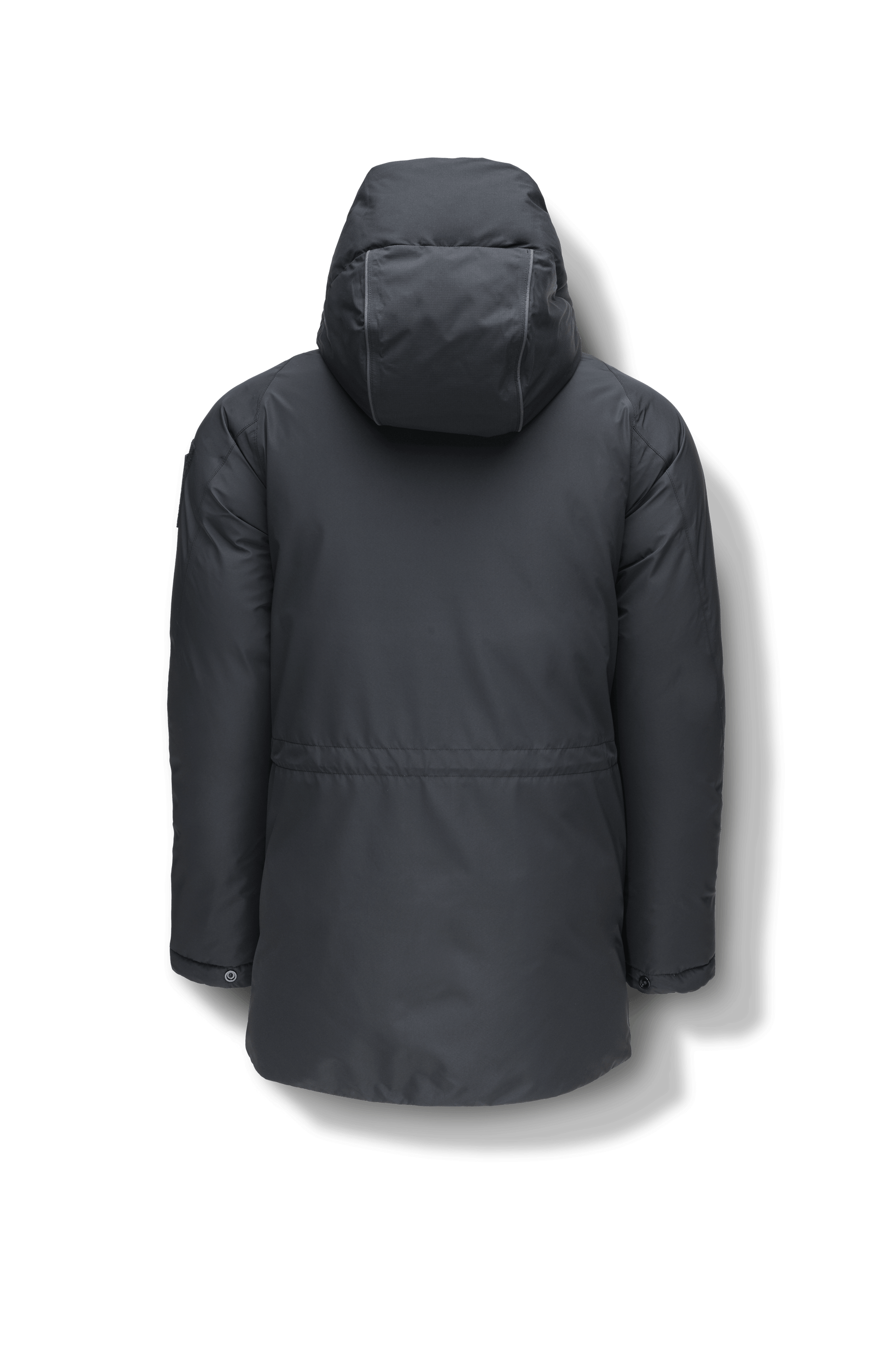 Ronin Men's Performance Utility Jacket in thigh length, premium 3-ply micro denier and stretch ripstop fabrication, Premium Canadian origin White Duck Down insulation, non-removable down-filled hood, bellow chest pockets, magnetic closure waist flap pockets, two-way centre-front zipper, pit zipper vents, hidden adjustable waist drawcord, in Black