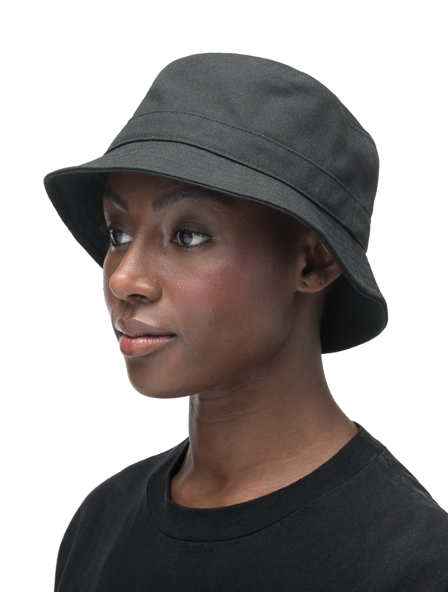 Unisex bucket hat with flat crown top and stitching detail on brim in Black