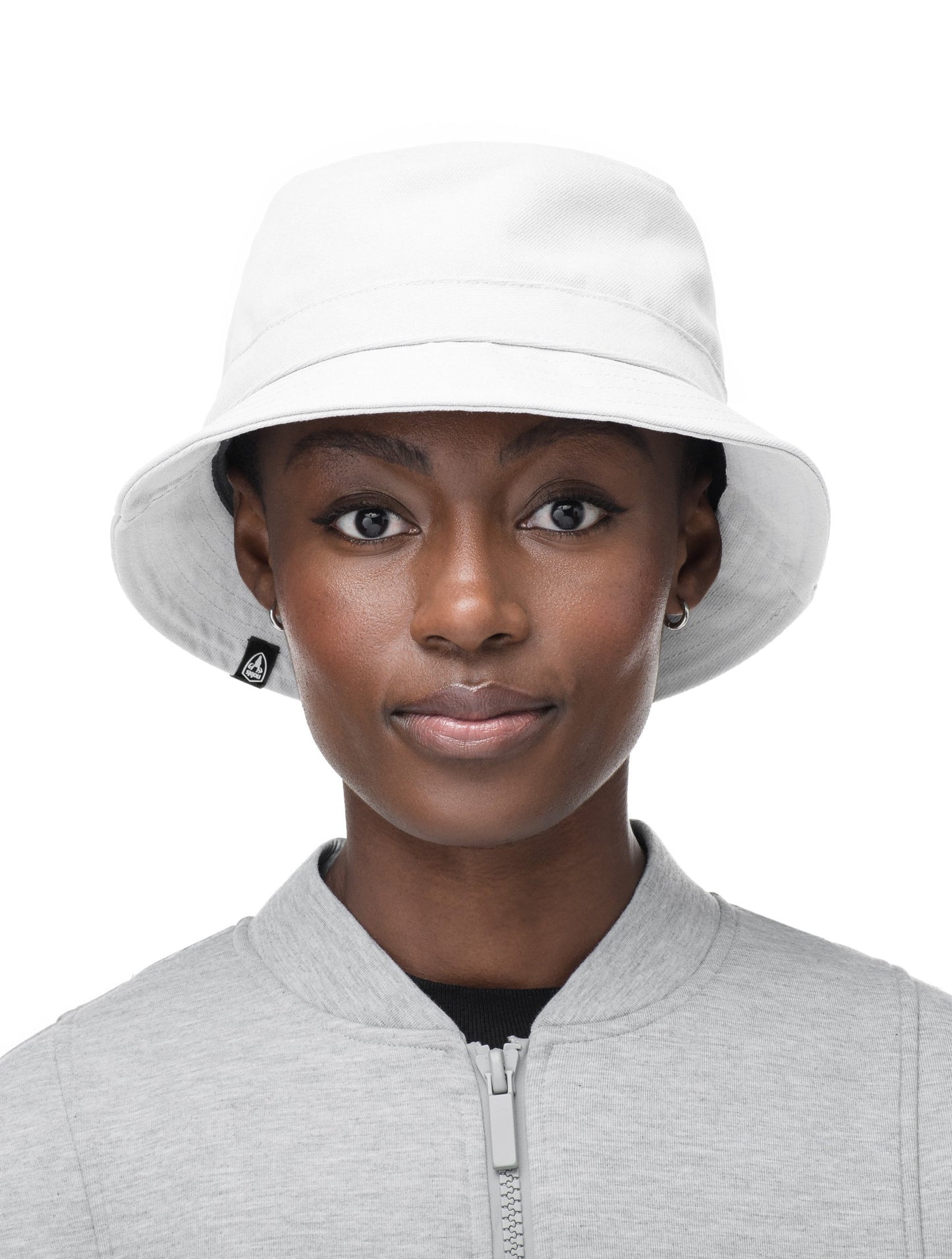 Unisex bucket hat with flat crown top and stitching detail on brim in Optic White