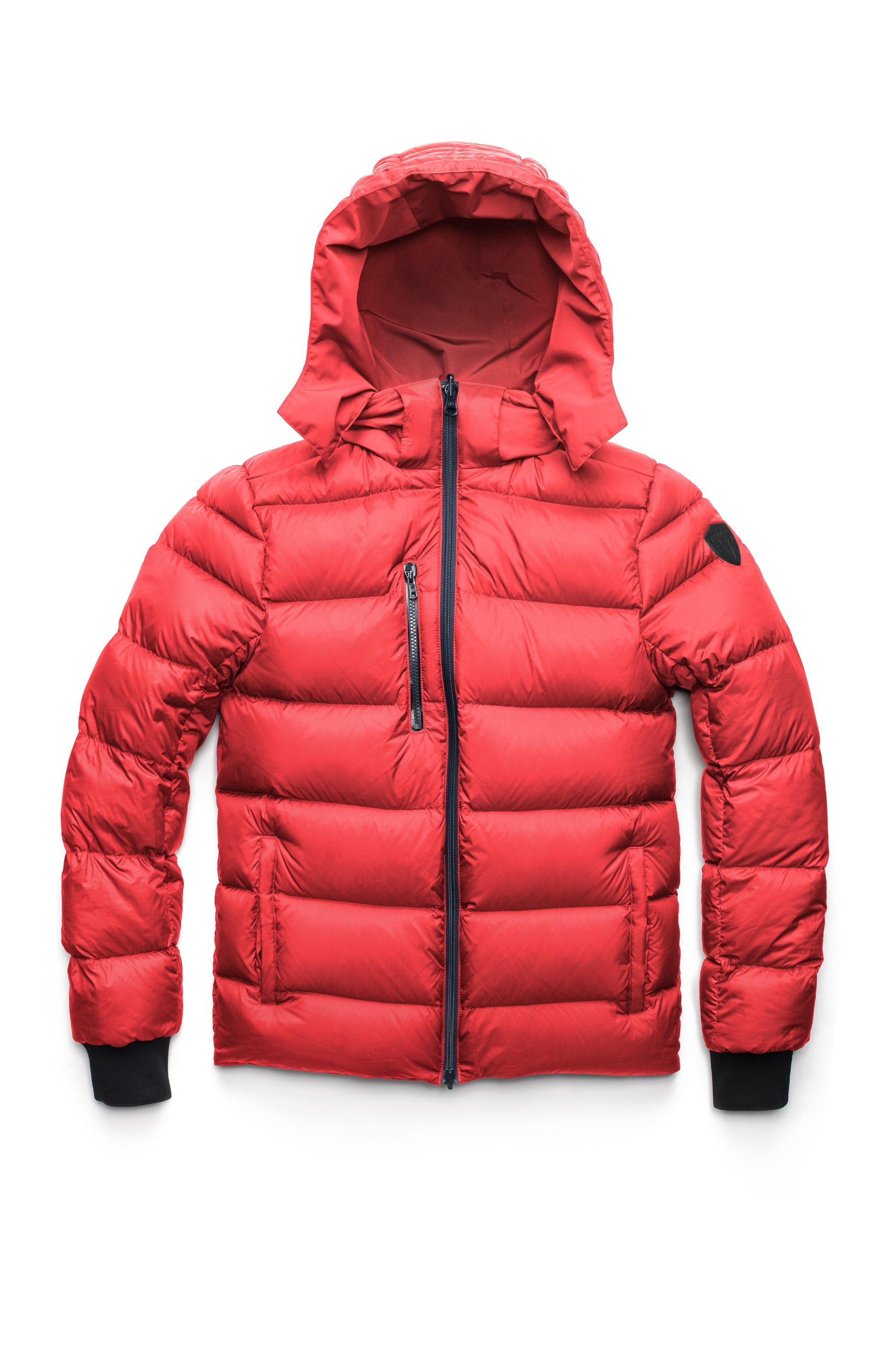 Hip length, reversible men's down filled jacket with removable hood in Vermillion