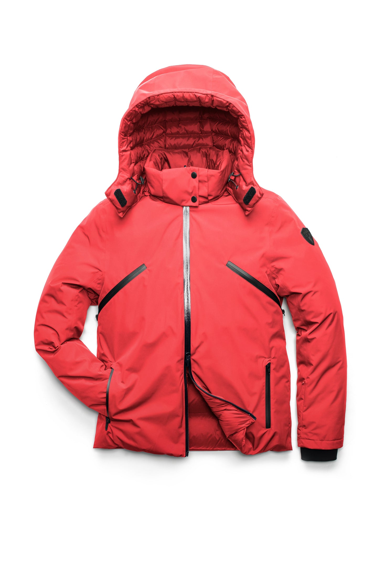 Hip length, reversible men's down filled jacket with removable hood in Vermillion