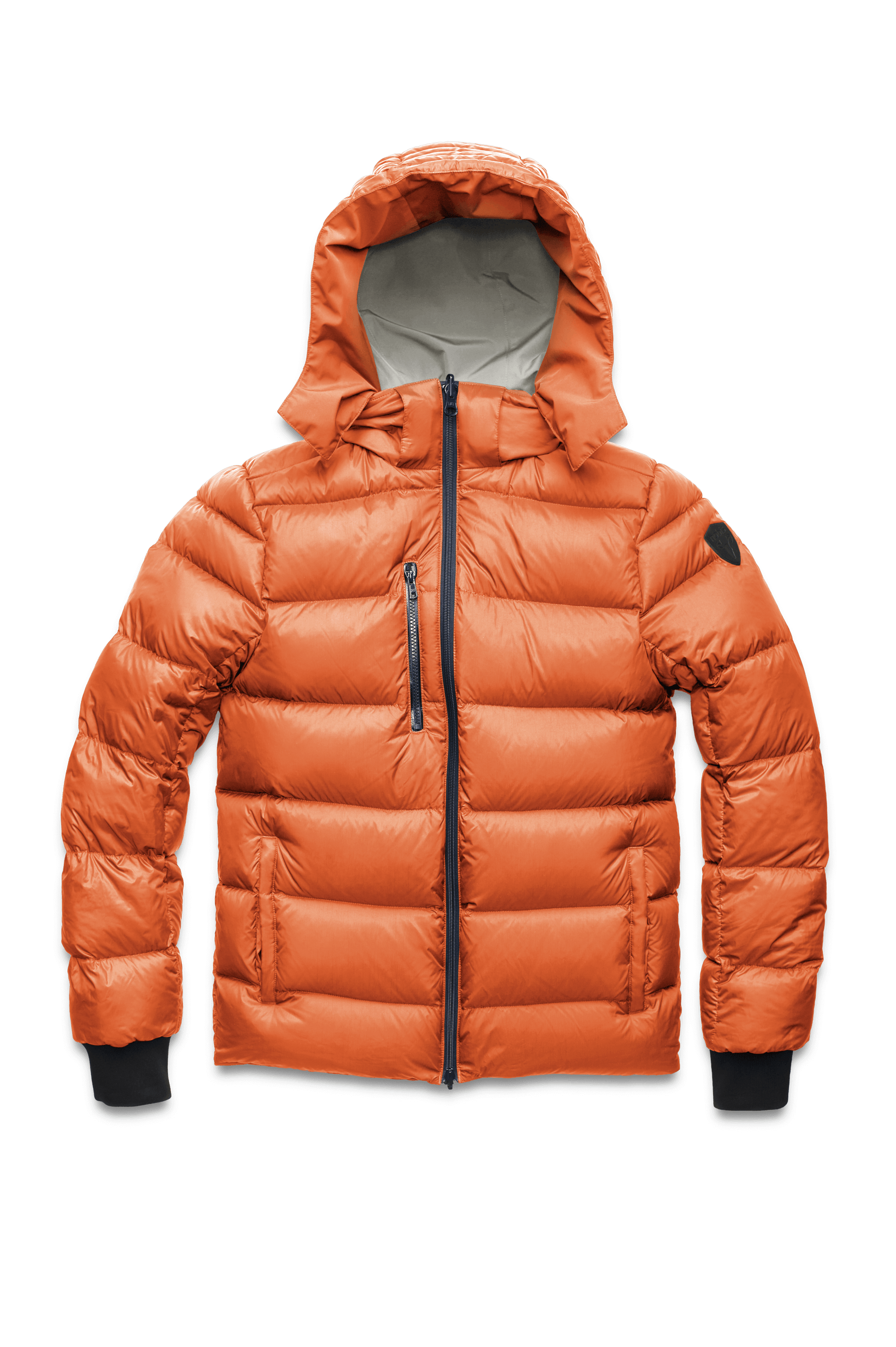 Hip length, reversible men's down filled jacket with removable hood in Chalk/Atomic