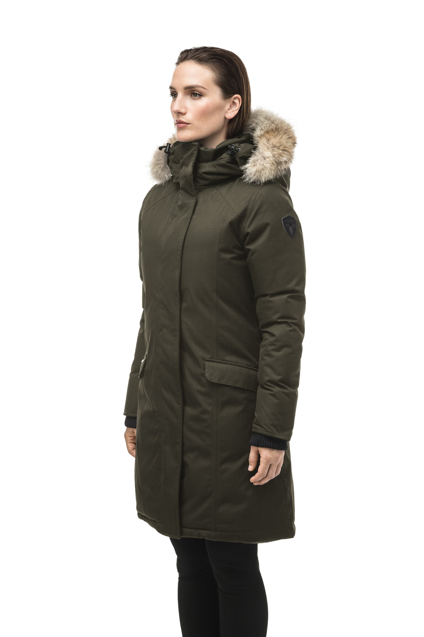 Rebecca Women's Parka in knee length, Canadian duck down insulation, two-way zipper with magnetic front placket, non-removable hood with removable coyote fur trim, in Fatigue