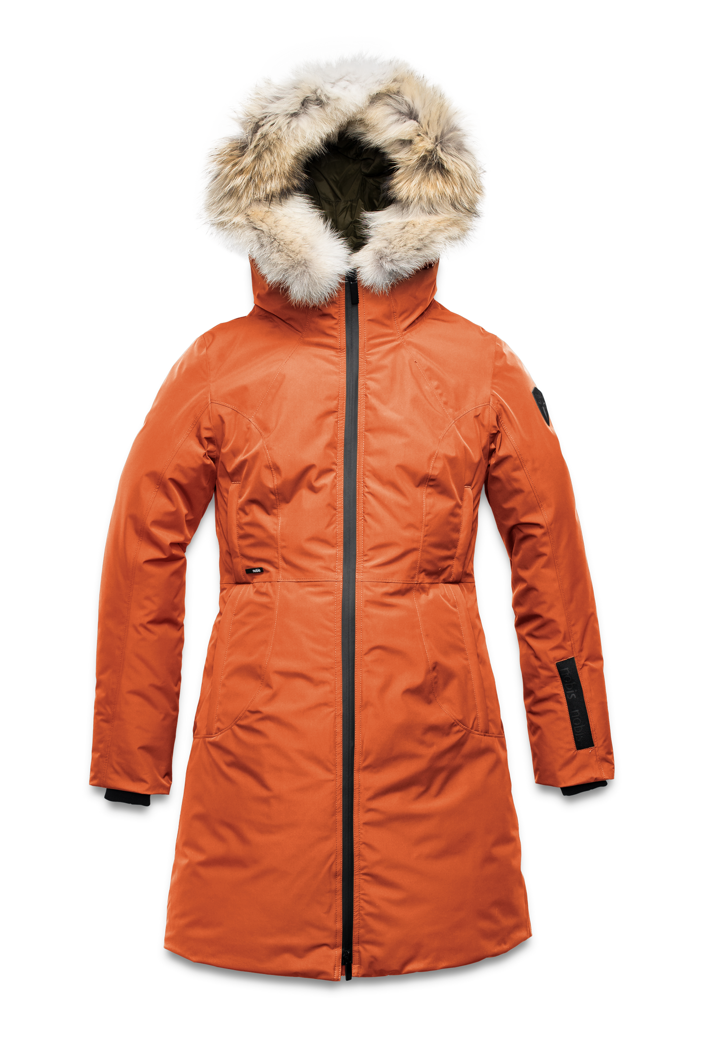 Ladies thigh length down-filled parka with non-removable hood and removable coyote fur trim in Atomic