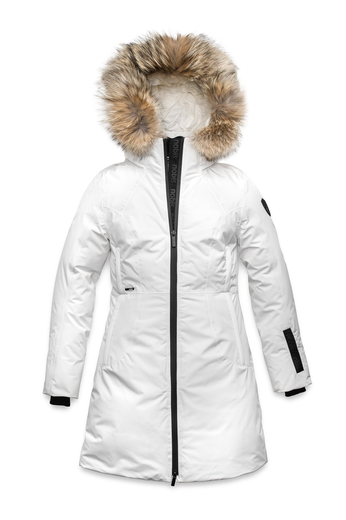 Ladies thigh length down-filled parka with non-removable hood and removable coyote fur trim in Chalk