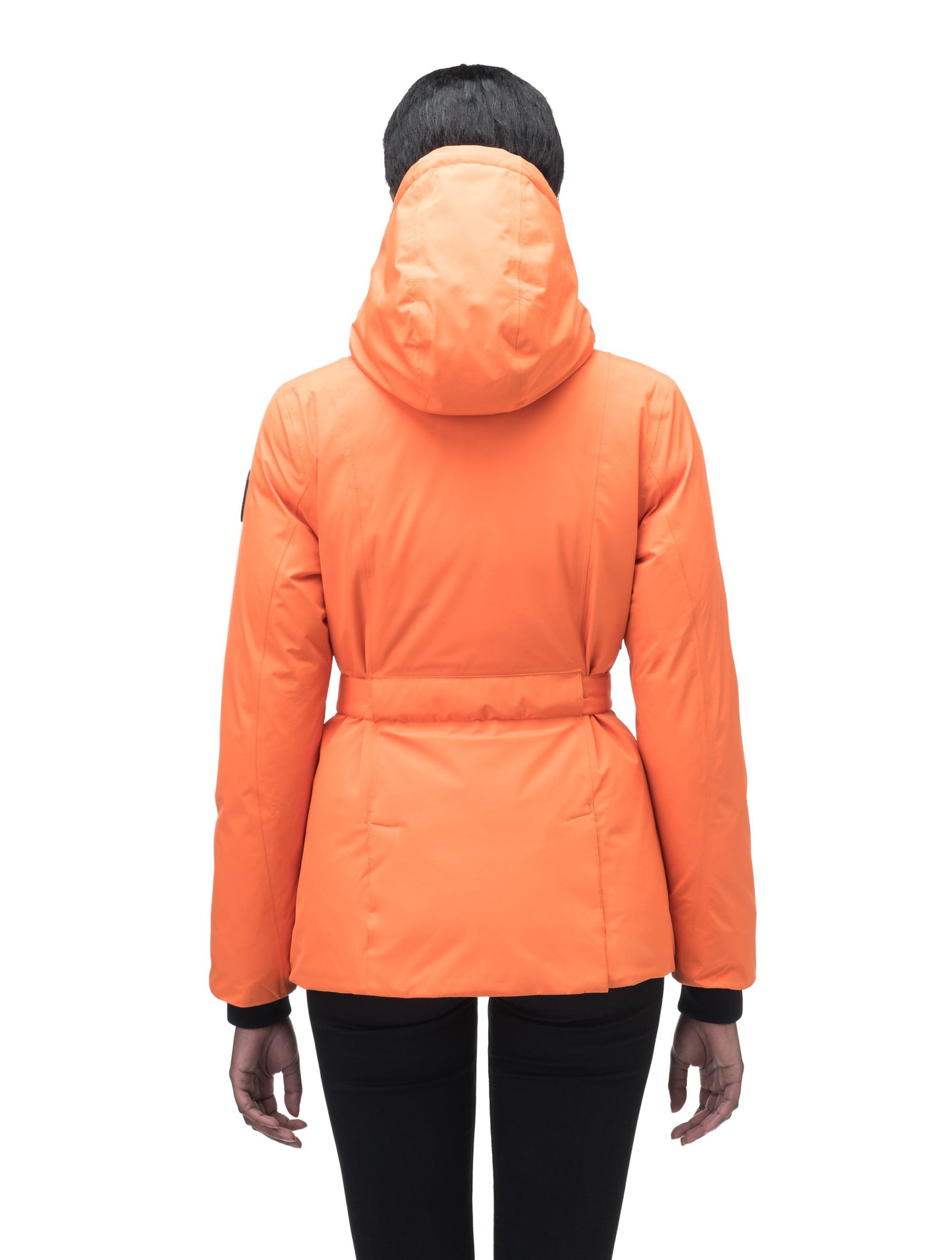 Ladies hip length down-filled parka with non-removable hood and adjustable belt in Atomic