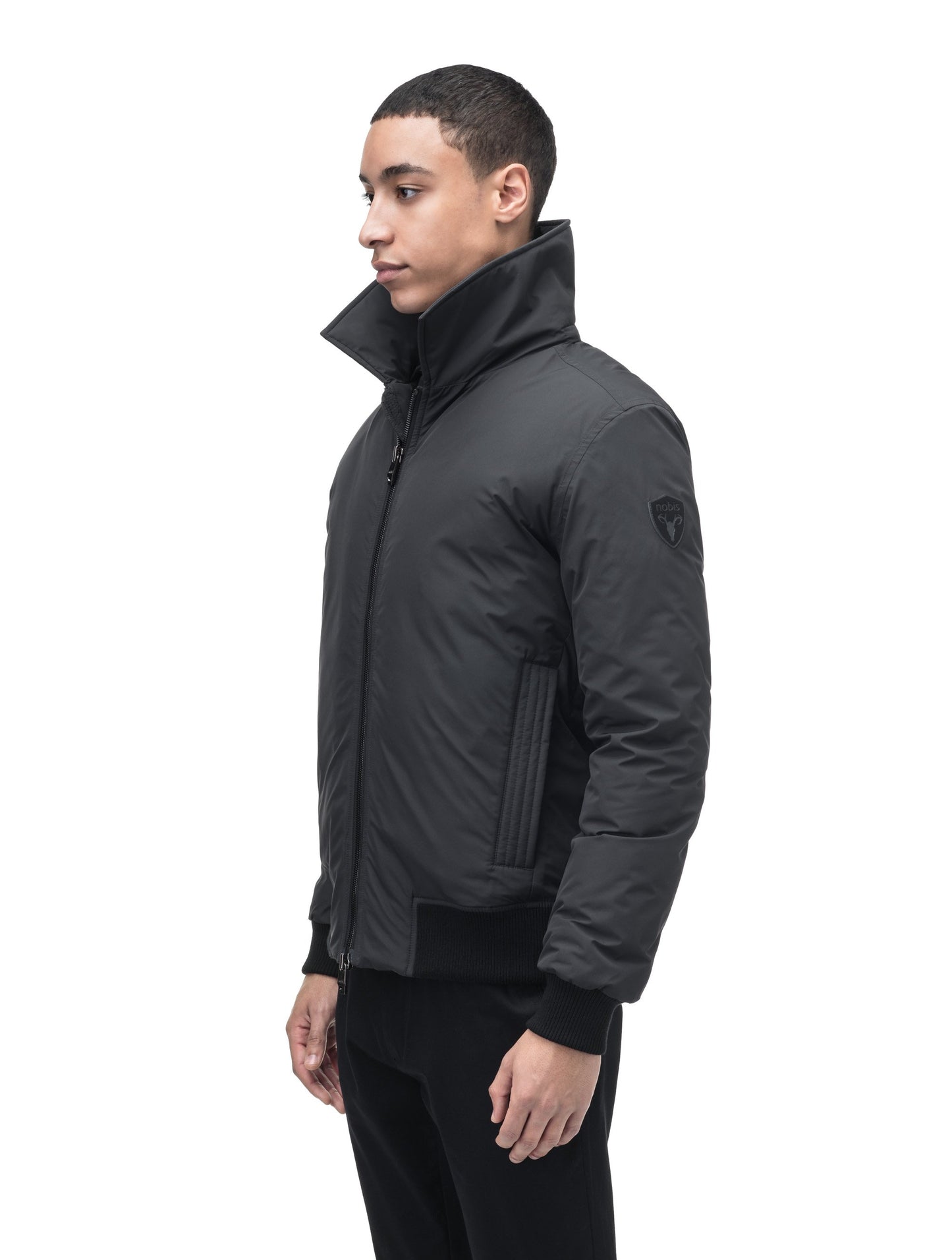 Sonar Men's Aviator Jacket in hip length, Canadian duck down insulation, removable shearling collar with hidden tuckable hood, and two-way front zipper, in Black