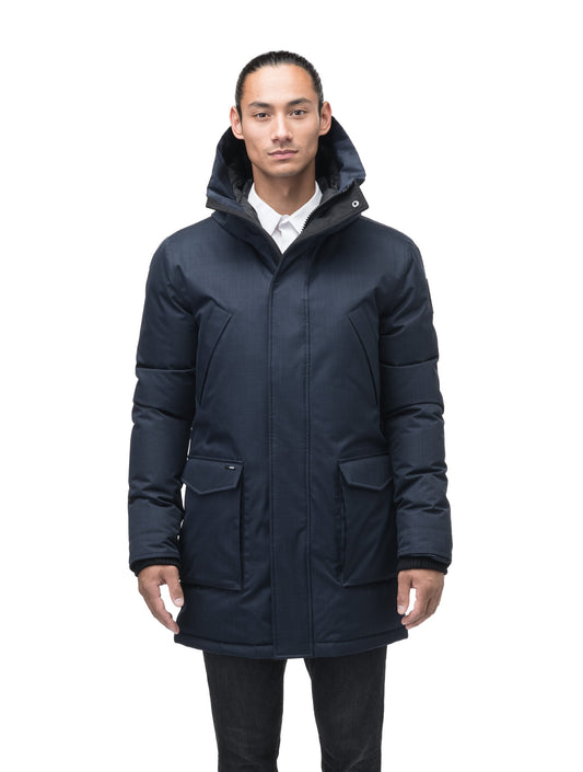 Men's thigh length down-filled parka with non-removable hood in Navy