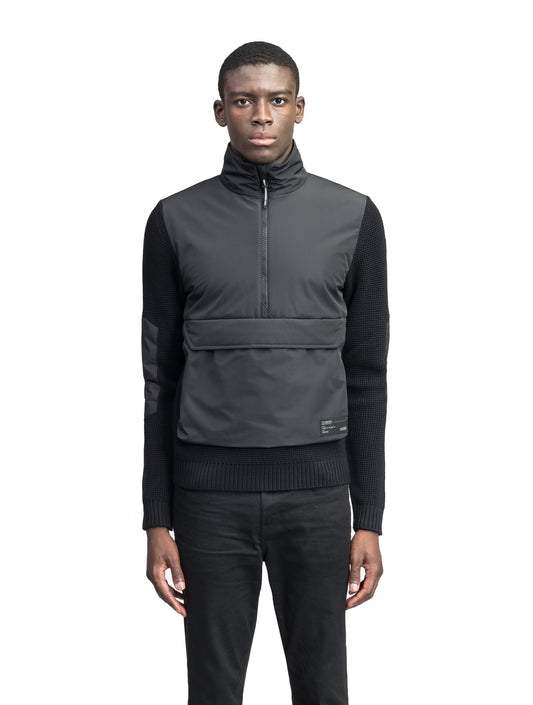 Wai Men's Performance Half Zip Sweater in hip length, 3-Ply Micro Denier and Merino wool knit fabrication, Primaloft Gold Insulation Active+, centre front zipper, flap kangaroo pocket with magnetic closure, and hidden side-entry zipper pockets at waist, in Black