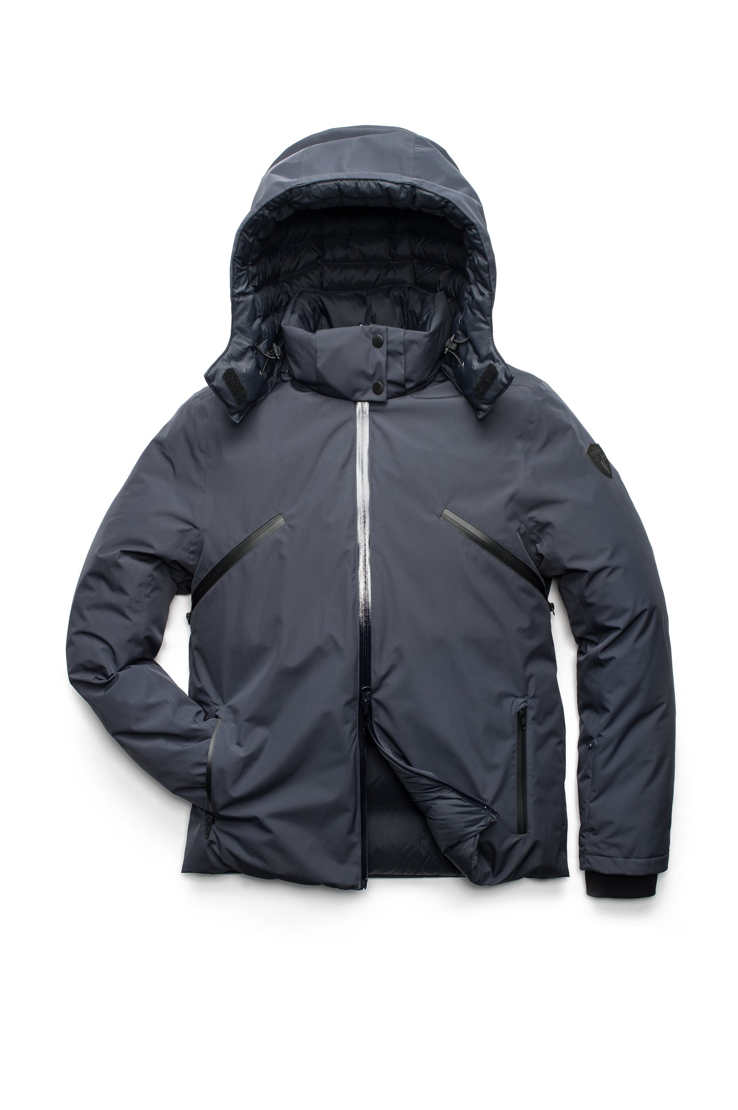 Hip length, reversible men's down filled jacket with removable hood in Marine